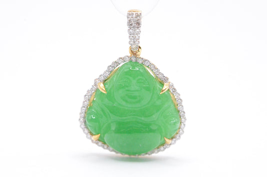 1.25" 0.50 cttw Diamond and Jade Buddha Pendant 10K Yellow Gold Religious