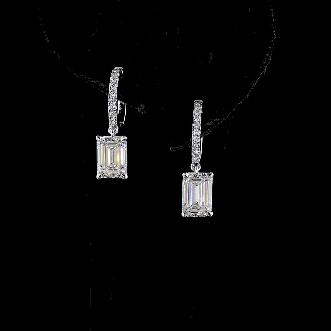 3.19 CTTW Emerald Lab Diamond Hanging Earring (E Color and VS2 Clarity)