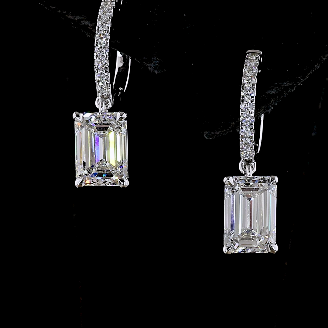 3.19 CTTW Emerald Lab Diamond Hanging Earring (E Color and VS2 Clarity)