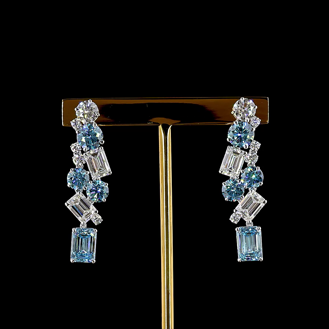 13.04 CTTW Emerald Lab Diamond Hanging Earring (Fancy Vivid Blue Color and VS1 Clarity)