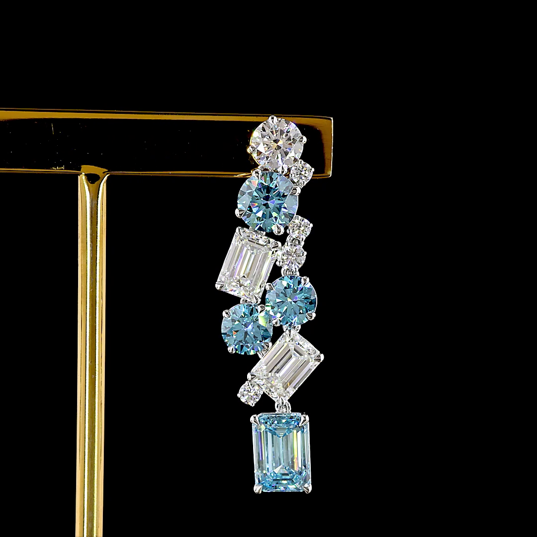 13.04 CTTW Emerald Lab Diamond Hanging Earring (Fancy Vivid Blue Color and VS1 Clarity)