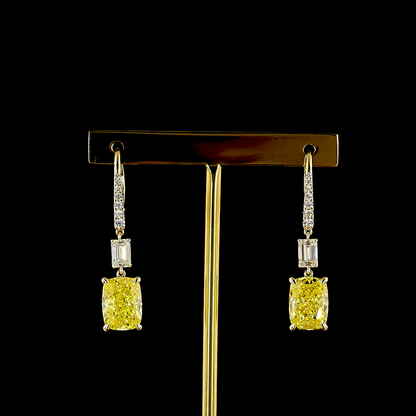 9.29 CTTW Cushion Lab Diamond Hanging Earring (Fancy Vivid Yellow Color and VS1 Clarity)