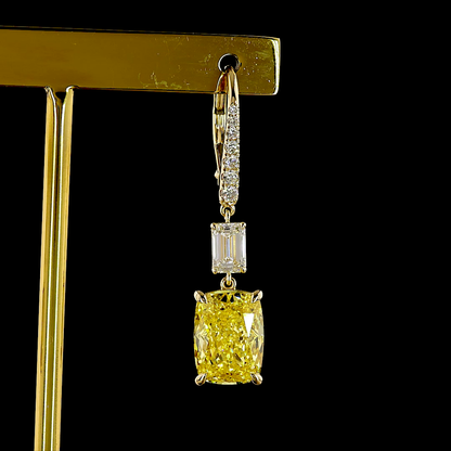 9.29 CTTW Cushion Lab Diamond Hanging Earring (Fancy Vivid Yellow Color and VS1 Clarity)
