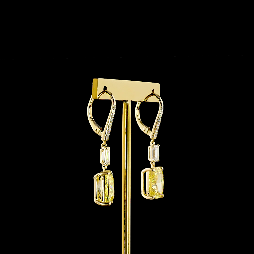 9.29 CTTW Cushion Lab Diamond Hanging Earring (Fancy Vivid Yellow Color and VS1 Clarity)