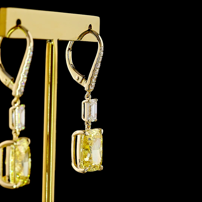 9.29 CTTW Cushion Lab Diamond Hanging Earring (Fancy Vivid Yellow Color and VS1 Clarity)