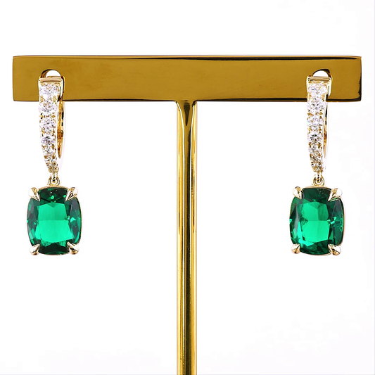 5.09 CTTW Cushion Brilliant Lab Diamond Hanging Earring (Green Emerald Color and VS Clarity)
