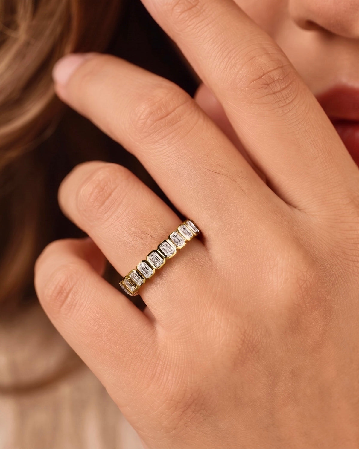 Diamond East West Emerald Bezel Ring