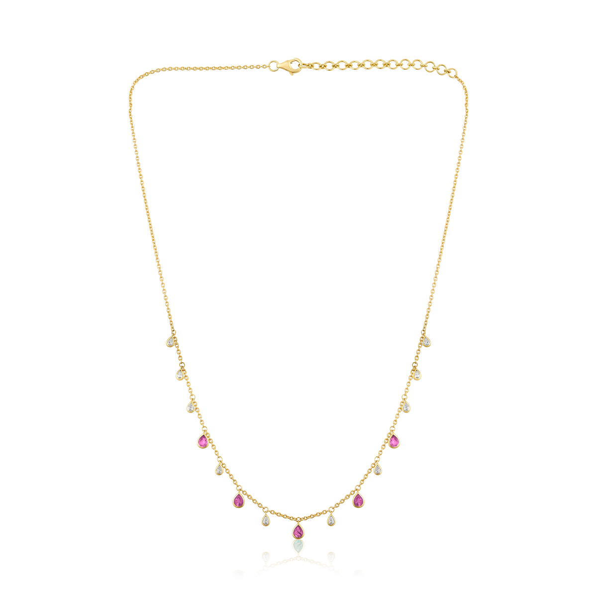 Diamond Pink Sapphire Pear Bezel Fringe Station Necklace