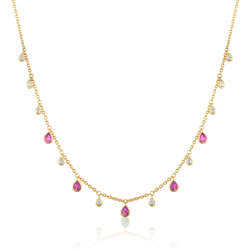 Diamond Pink Sapphire Pear Bezel Fringe Station Necklace