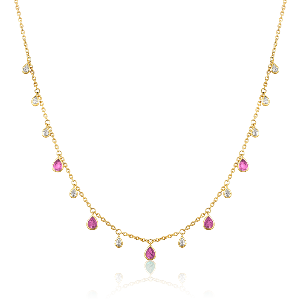 Diamond Pink Sapphire Pear Bezel Fringe Station Necklace