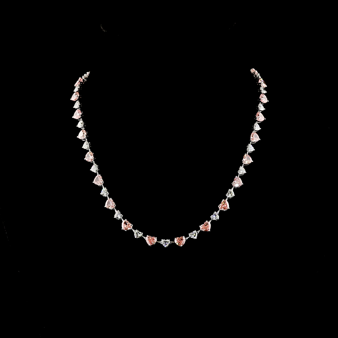 27.26 CTTW Heart Lab Diamond Station Necklace (Fancy Vivid Pink Color and VS2 Clarity)