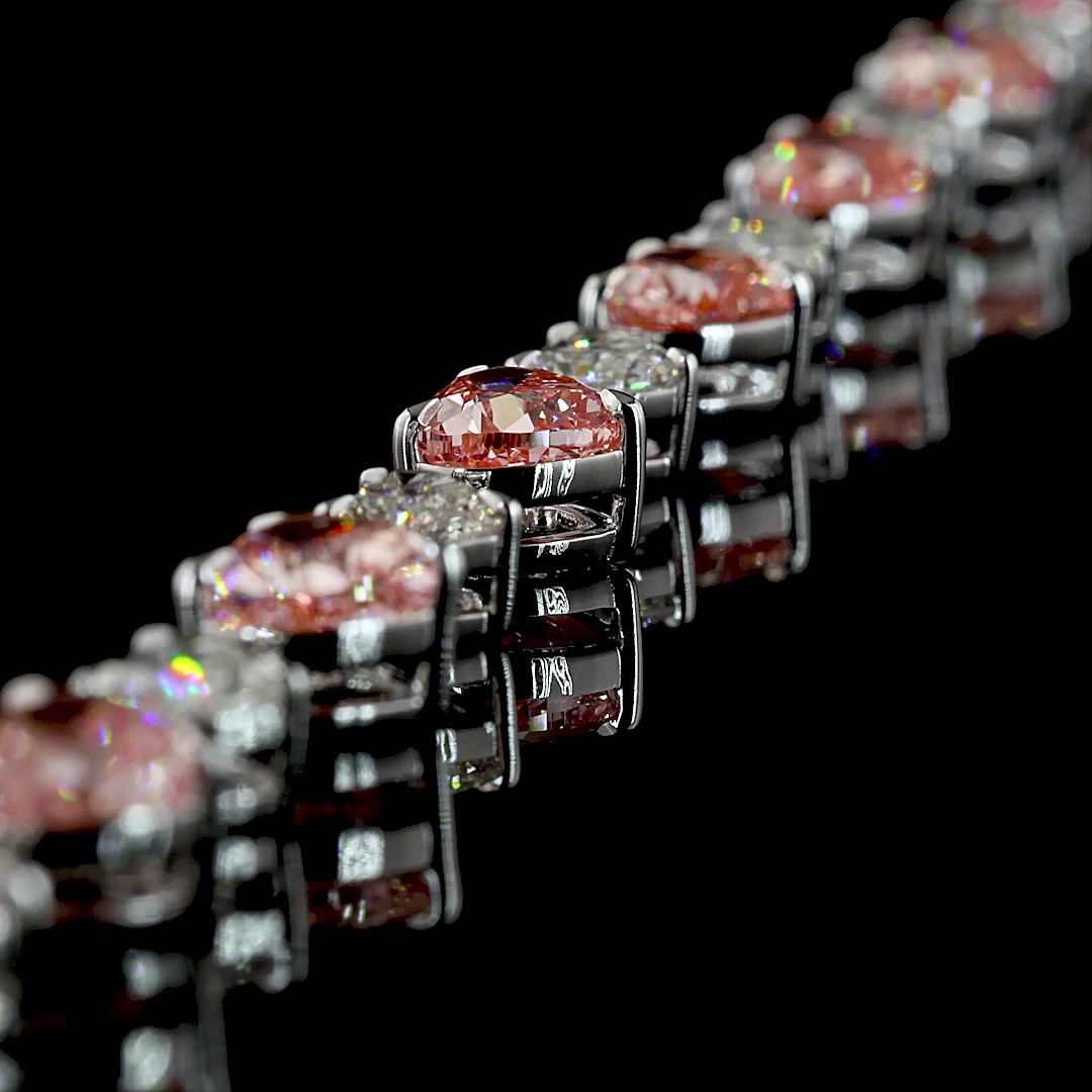 27.26 CTTW Heart Lab Diamond Station Necklace (Fancy Vivid Pink Color and VS2 Clarity)