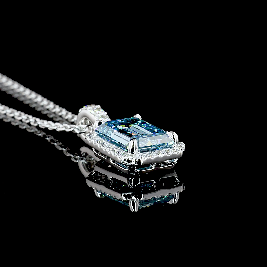 1.73 CTTW Emerald Lab Grown Diamond Halo Necklace Pendant 18" (F Color and VS1 Clarity)