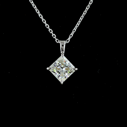 1.31 CT Princess Lab Diamond Solitaire Necklace Pendant 18" 14k White Gold (E Color)