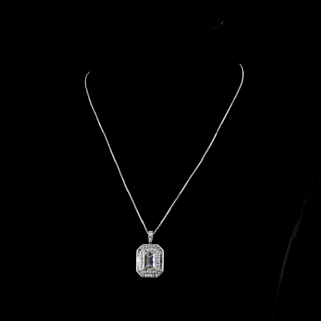 6.90 CTTW MIX Lab Diamond Double Halo Necklace Pendant 18" 9k White Gold - 14k White Gold (E Color and VS1 Clarity)