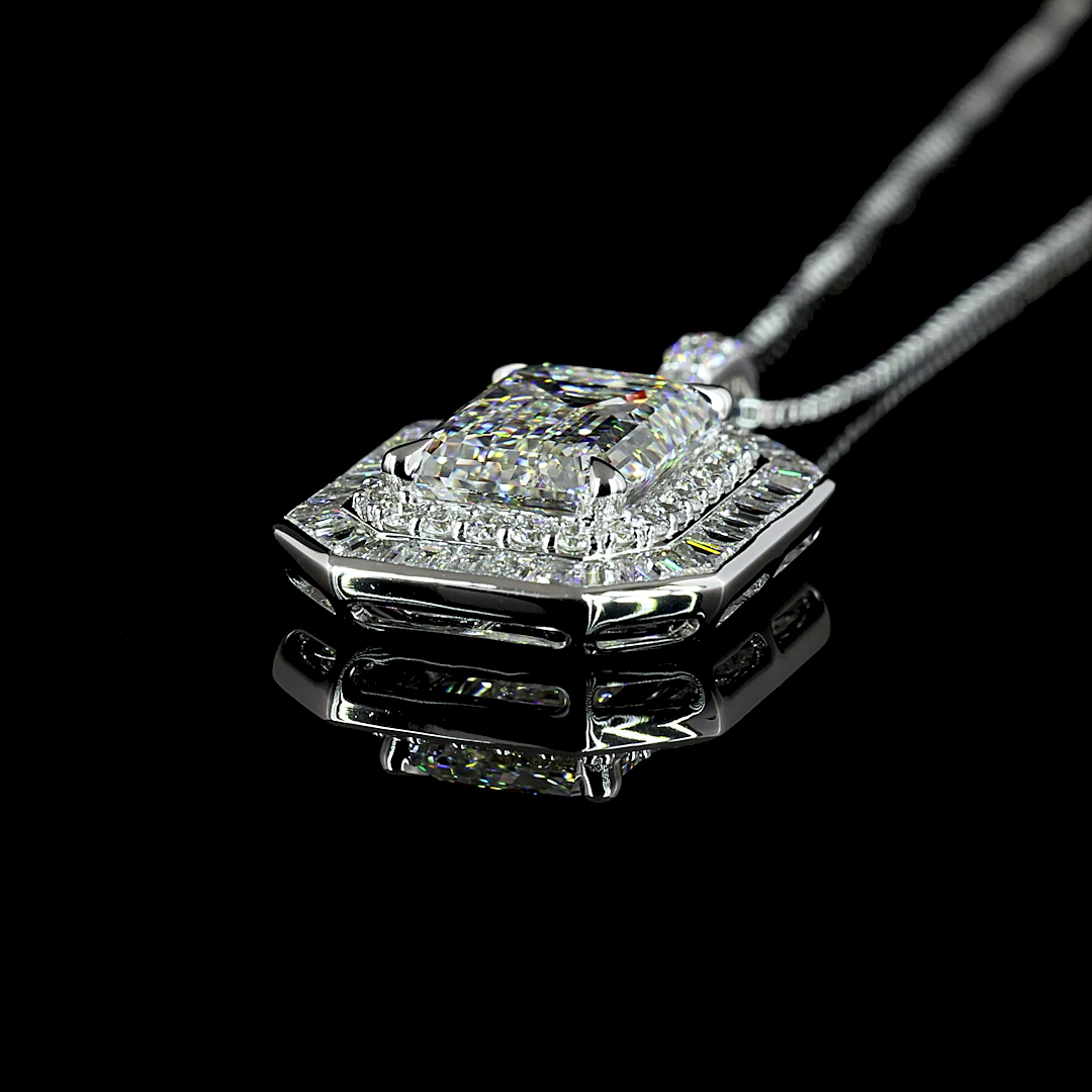 6.90 CTTW MIX Lab Diamond Double Halo Necklace Pendant 18" 9k White Gold - 14k White Gold (E Color and VS1 Clarity)