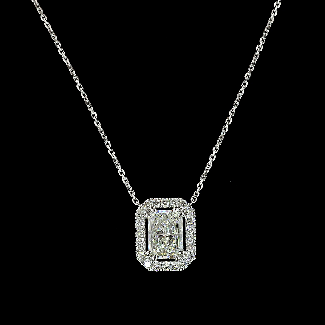 1.72 CTTW Radiant Lab Diamond Halo Necklace Pendant (E Color and VS1 Clarity)