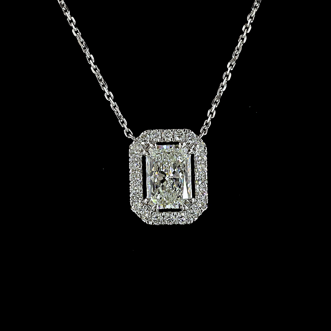 1.72 CTTW Radiant Lab Diamond Halo Necklace Pendant (E Color and VS1 Clarity)