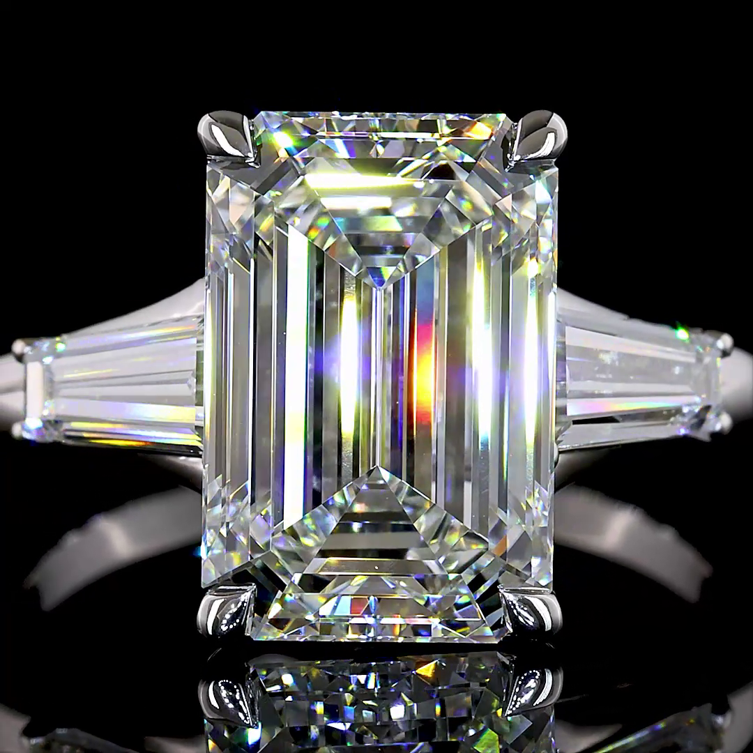 5.20 CTTW Emerald Lab Grown Diamond 3 Stones Ring Sz. 6 (F Color and VS1 Clarity)