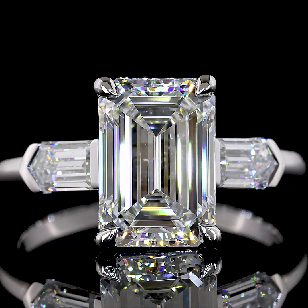 3.77 CTTW Emerald Lab Grown Diamond 3 Stones Ring Sz. 6.5 (E Color and VS1 Clarity)