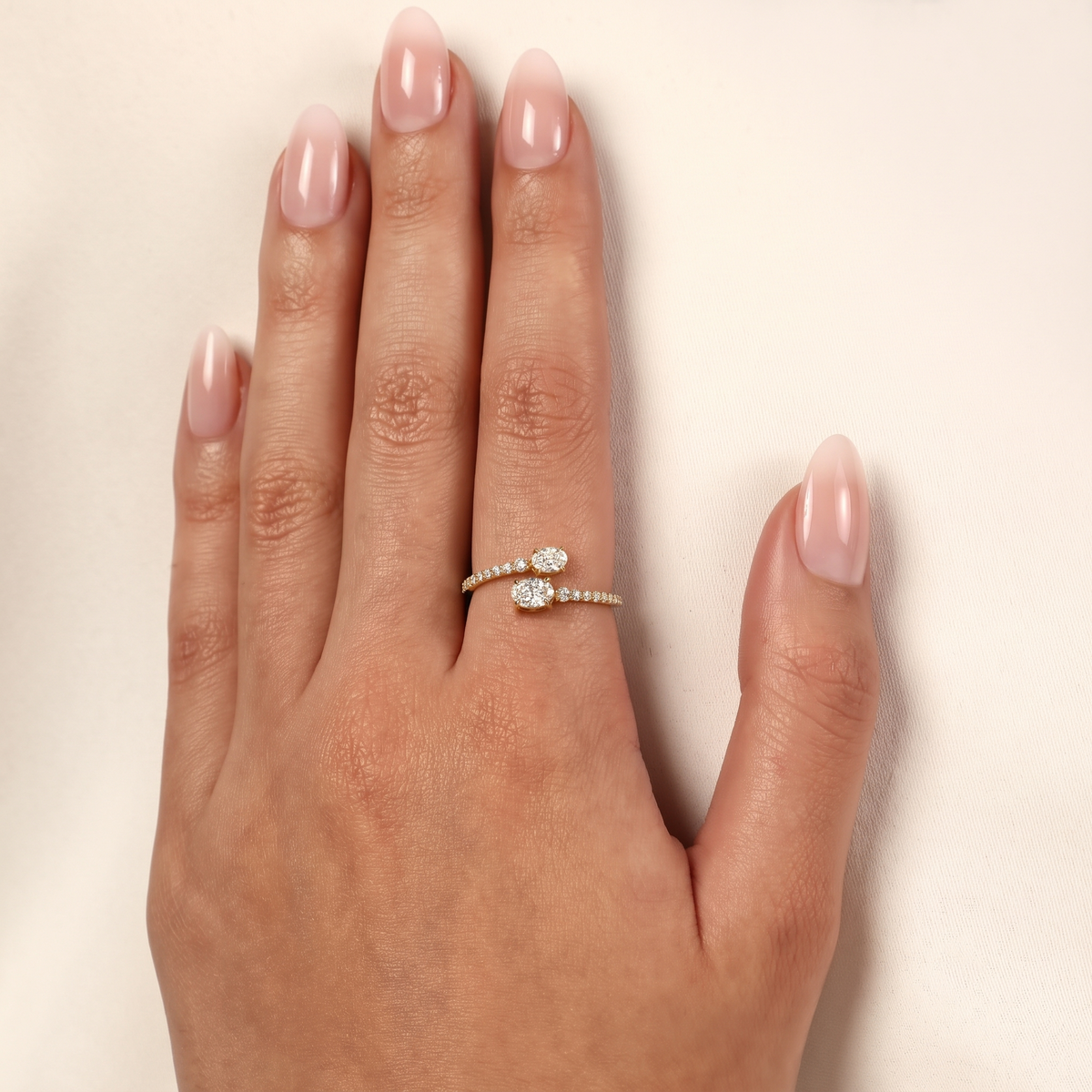 Diamond Double Oval Prong Pavé Bypass Open Ring