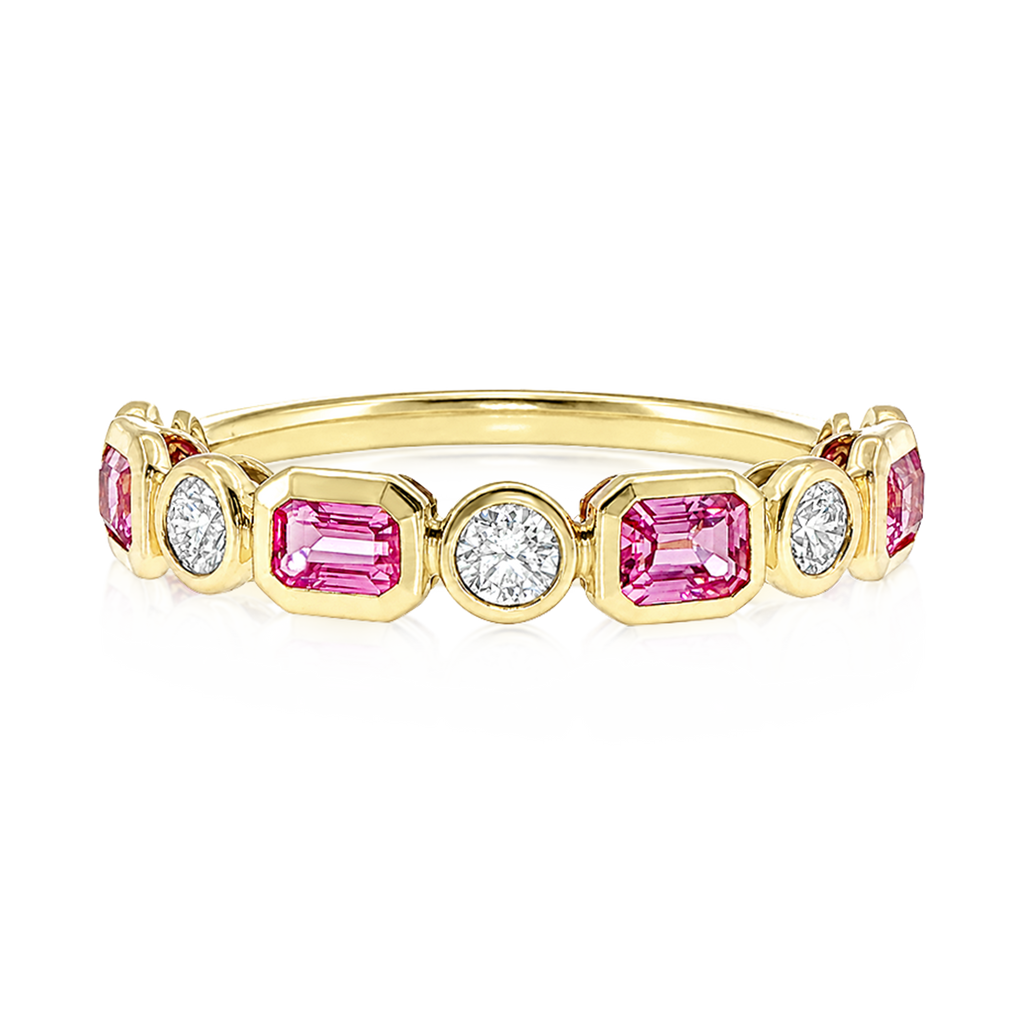 Diamond Pink Sapphire Emerald Alternating Bezel Band Ring