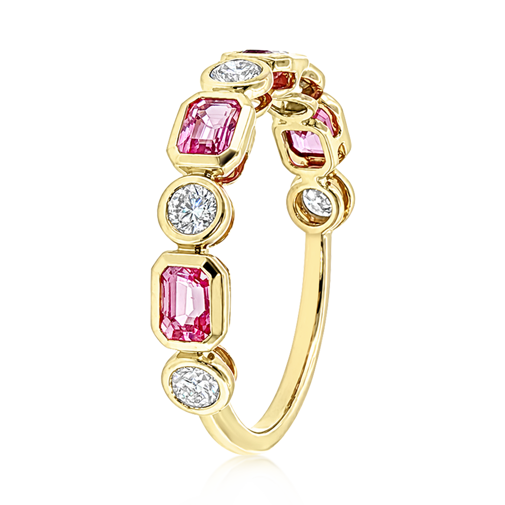 Diamond Pink Sapphire Emerald Alternating Bezel Band Ring