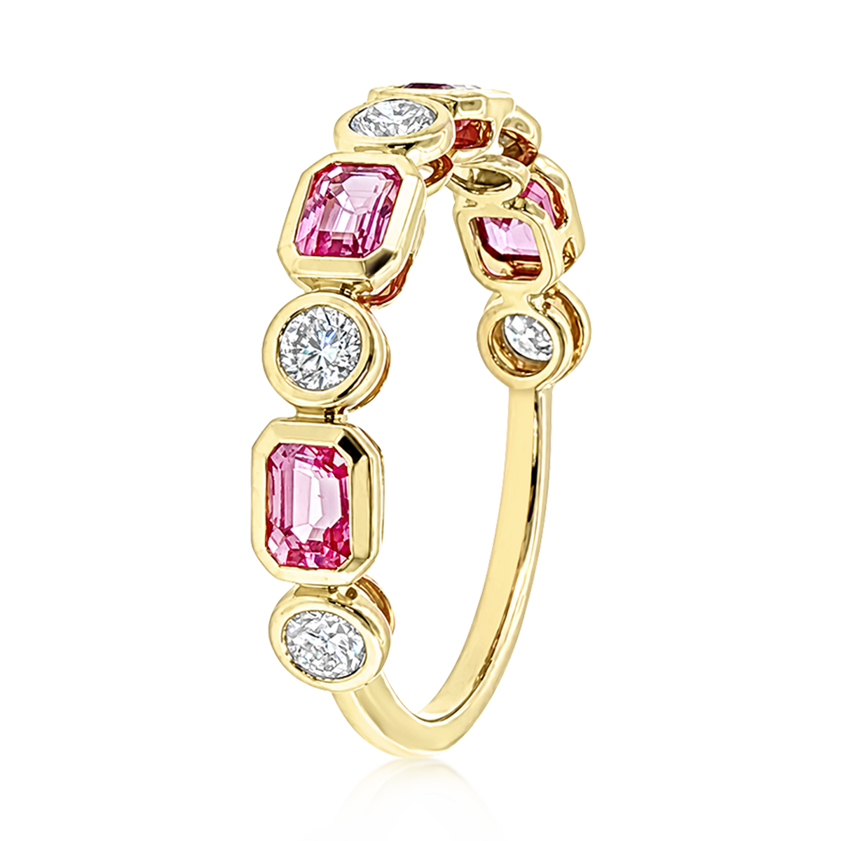 Diamond Pink Sapphire Emerald Alternating Bezel Band Ring