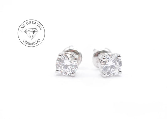 1 CTTW Round Lab Diamond Studs 14K White Gold (F VS1)