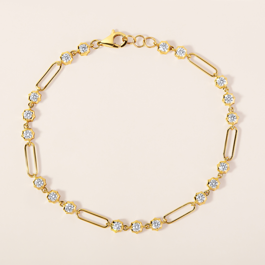 14K Gold 1.3ct Natural Diamond Spike Bezel Paper Clip Link Bracelet
