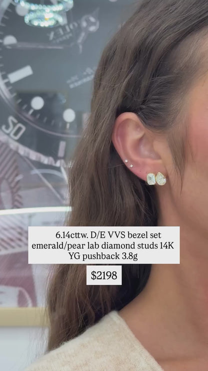 14K Yellow Gold Emerald Lab-Grown Diamond Stud Earrings, 6.14 CTTW