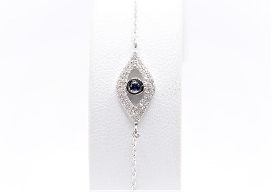 0.15 CTTW Diamond and Sapphire Evil Eye Bracelet in 14K White Gold, Adjustable 7.5" Specialty Bracelets