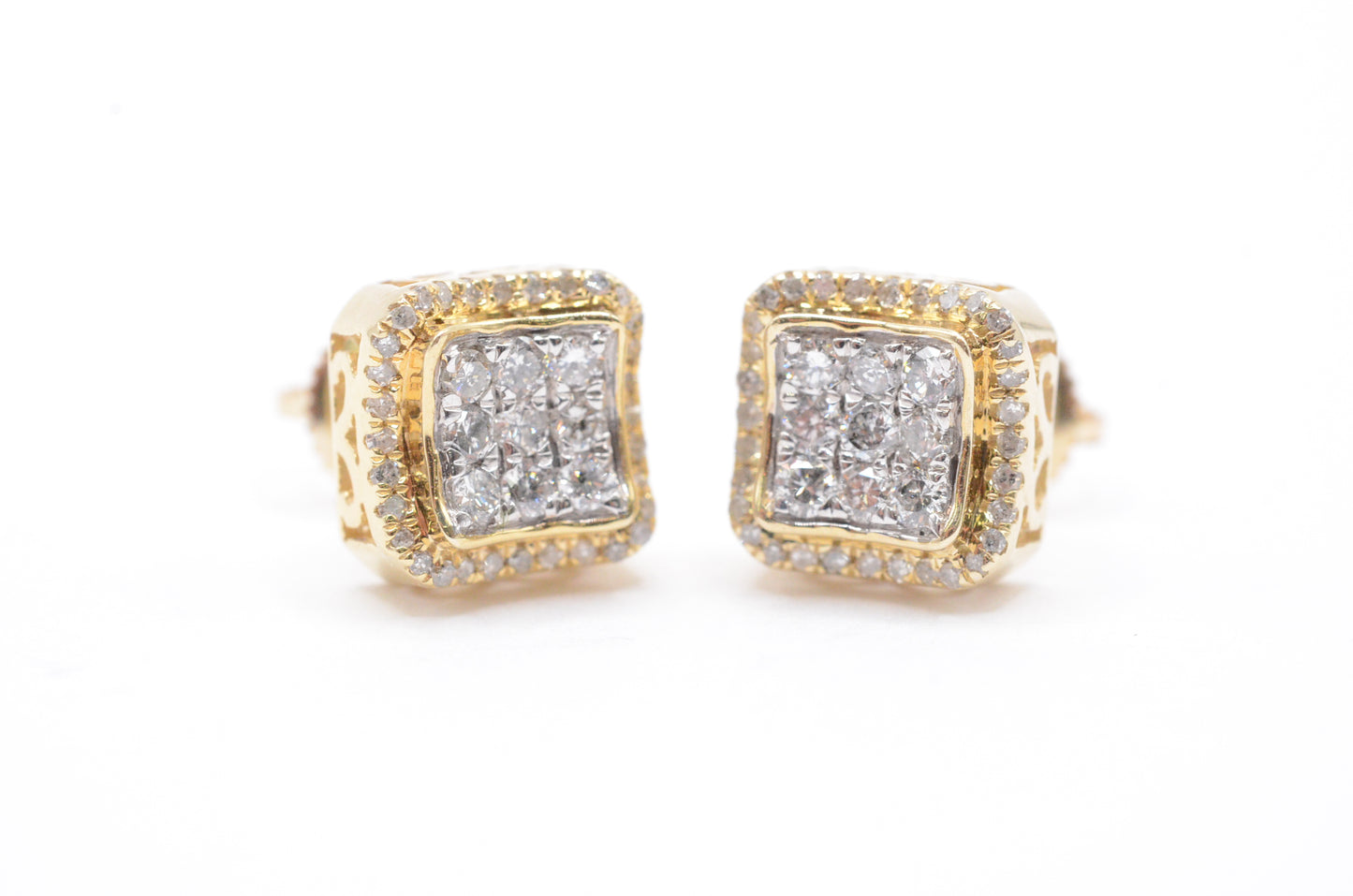 0.60 cttw Diamond 3D Square Concave Cluster Earrings 10K Yellow Gold Cluster Studs