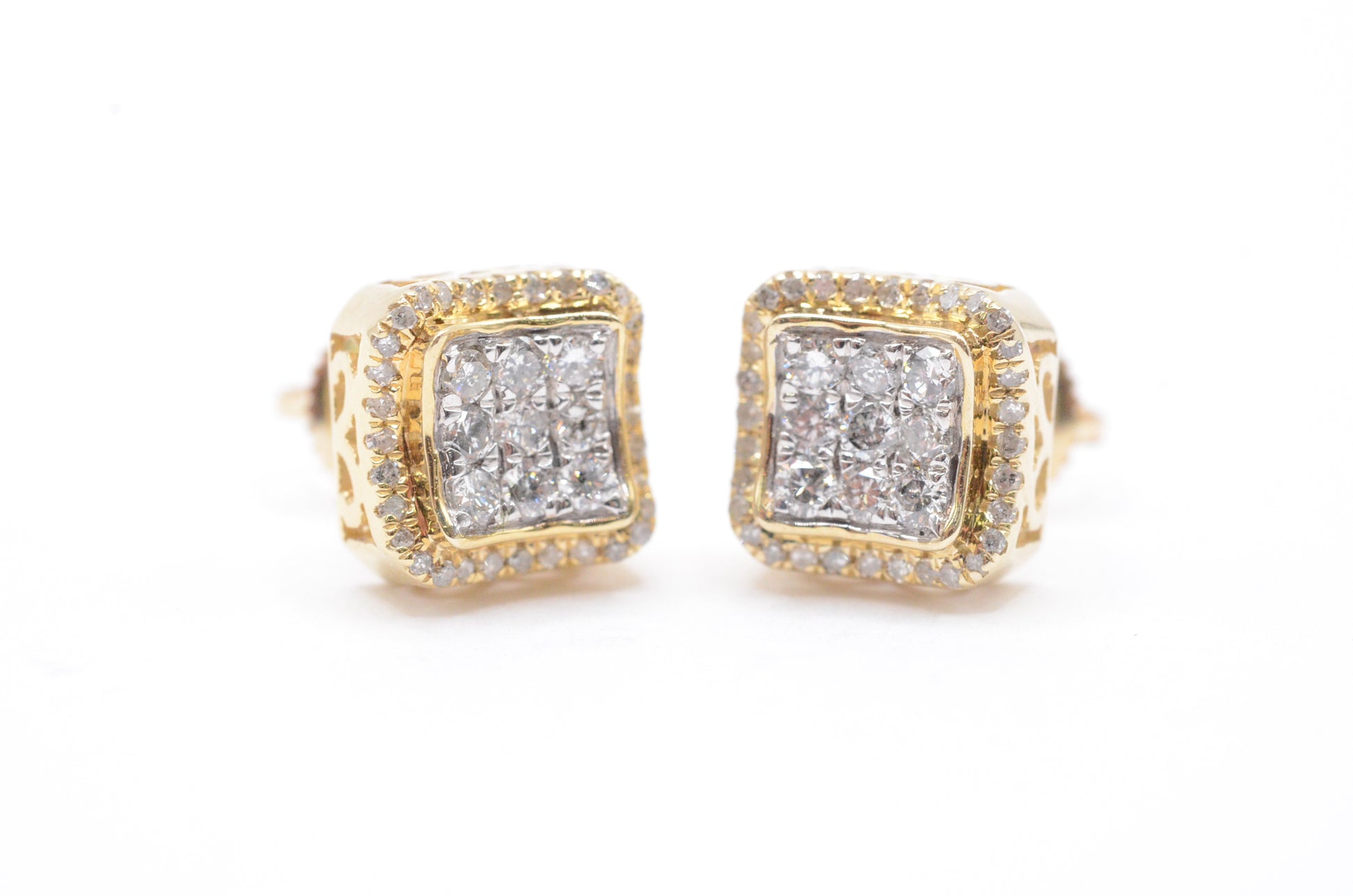 0.60 cttw Diamond 3D Square Concave Cluster Earrings 10K Yellow Gold Cluster Studs
