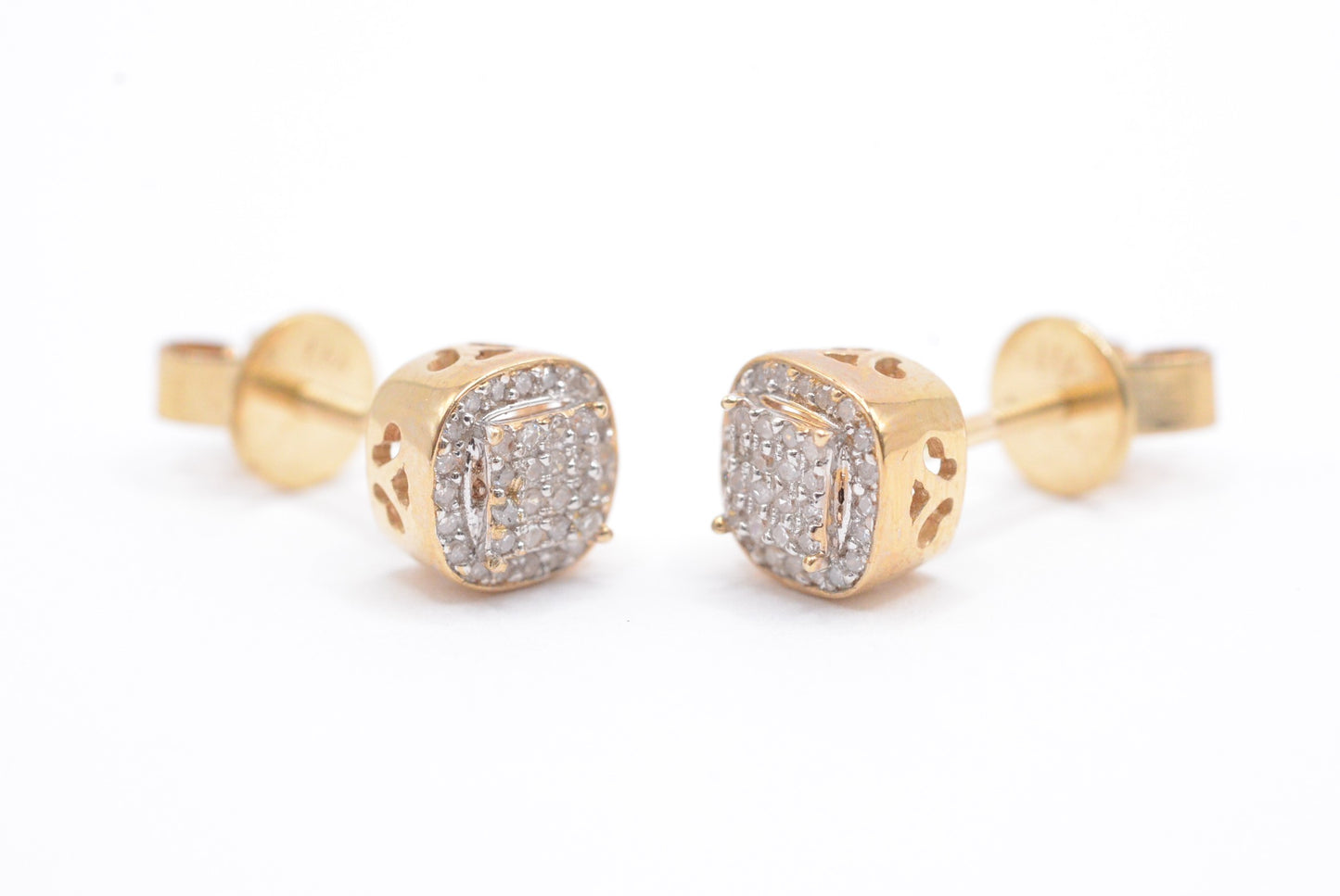0.20 cttw Micro Pave Diamond Square Cluster Earrings 10K Yellow Gold Cluster Studs