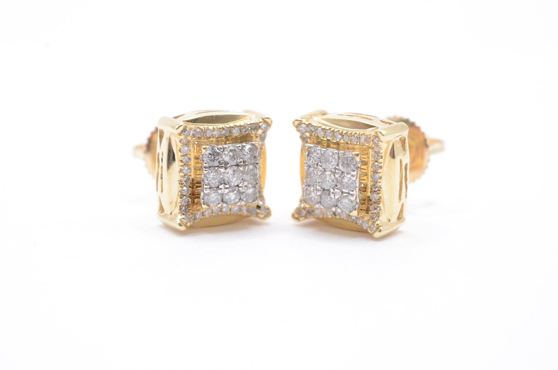 0.50 cttw 3-D Square Diamond Stud Earrings 10K Yellow Gold Cluster Studs
