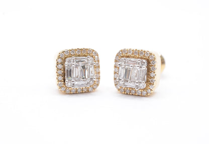 0.50 cttw Baguette Diamond Halo Cluster Earrings 14K Yellow Gold Cluster Studs