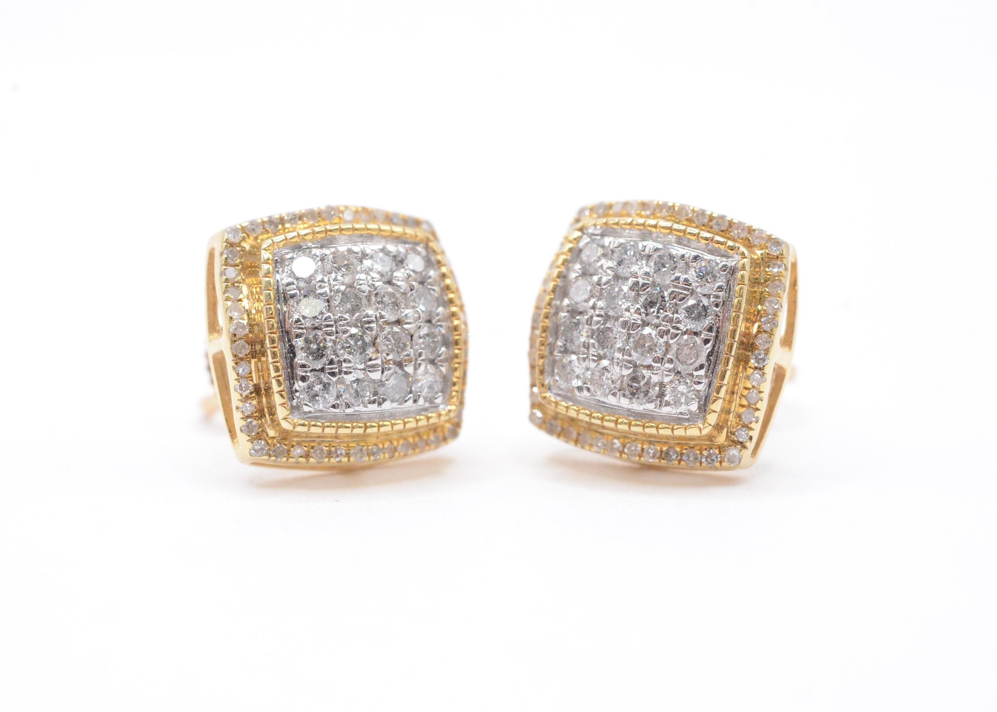 0.50 cttw 3D Square Diamond Stud Earrings 10K Yellow Gold Cluster Studs