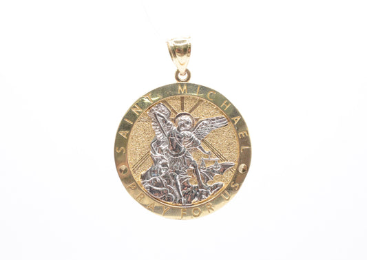 1.5" Round Saint Michael Pendant 14K Yellow/White Gold Religious