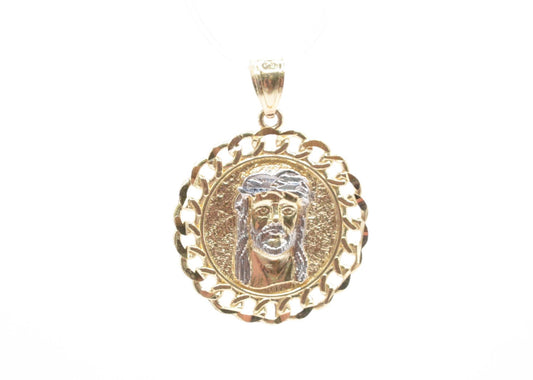 1.25" Round Cuban With Jesus Head Pendant 14K Two Tone Religious
